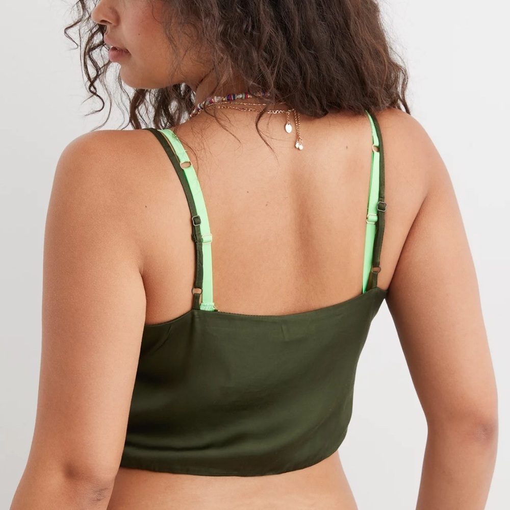 Aerie Satin Cinched Cropped Tank Top Olive - Picture 3 of 9
